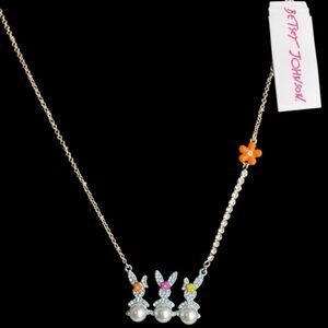 BETSEY JOHNSON Easter Bunny Rabbit Faux Pearl & Crystals Gold-Tone Necklace NWT